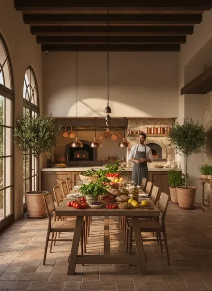 כניסה מזמינה למסעדת מיס לוסי עם שולחן מעוצב ומטבח פתוח