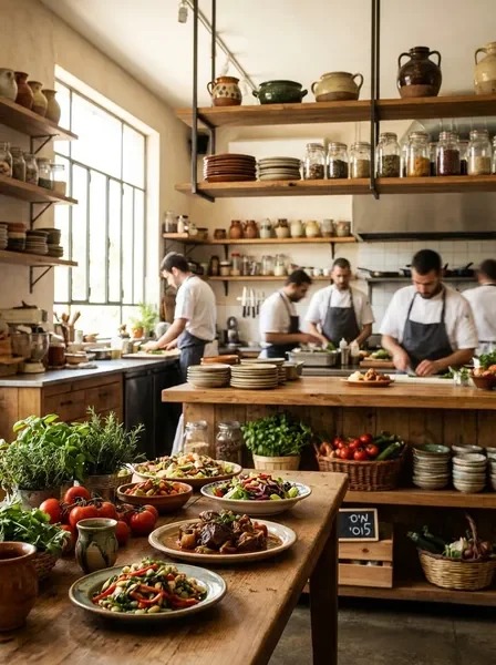 מטבח פתוח ומזמין של מיס לוסי עם מנות טריות ועשבי תיבול