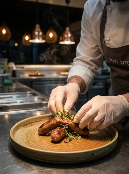ידיים מצלחתות נקניקיות גורמה במטבח מקצועי