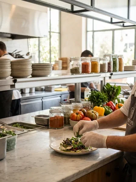שף במטבח פתוח מכין מנה מחומרי גלם טריים